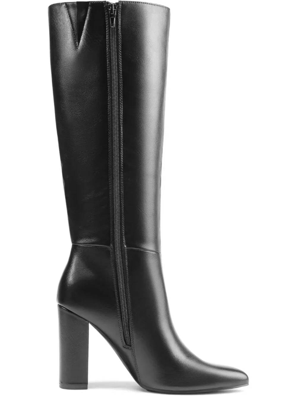 Women's Black Faux Leather Chunky Heel Pointed Toe Side Zipper Knee High Boots